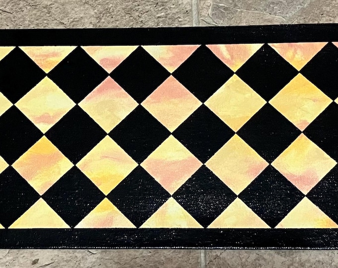 Ready Made! - X-Small Dog/Cat Canvas Pet Placemat - Food Dish Mat - Floorcloth - 9" x 16 1/2" - Black Diamonds with Yellow and Mauve Marble