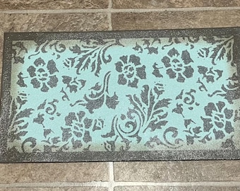 Ready Made! X-Small Table Top or Dog/Cat Pet Placemat - Food Dish Mat - Floorcloth - 9" x 16 1/2" - Hand Painted Canvas