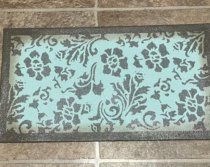 Ready Made! X-Small Table Top or Dog/Cat Pet Placemat - Food Dish Mat - Floorcloth - 9" x 16 1/2" - Hand Painted Canvas