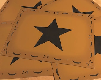 10 1/2” x 14" - Small Painted Colonial Canvas Placemat Table Mat - Black Star on Graham Cracker Tan - by Black Horse Floorcloths