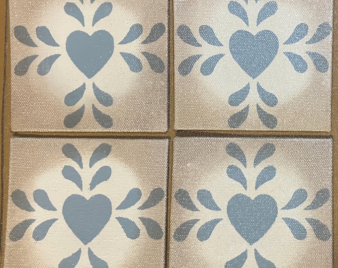 Set of 4 - 4" x 4" Painted Canvas Coasters - Folk Art Heart - Blueish Gray on Light Beige