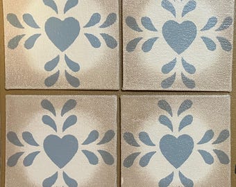 Set of 4 - 4" x 4" Painted Canvas Coasters - Folk Art Heart - Blueish Gray on Light Beige