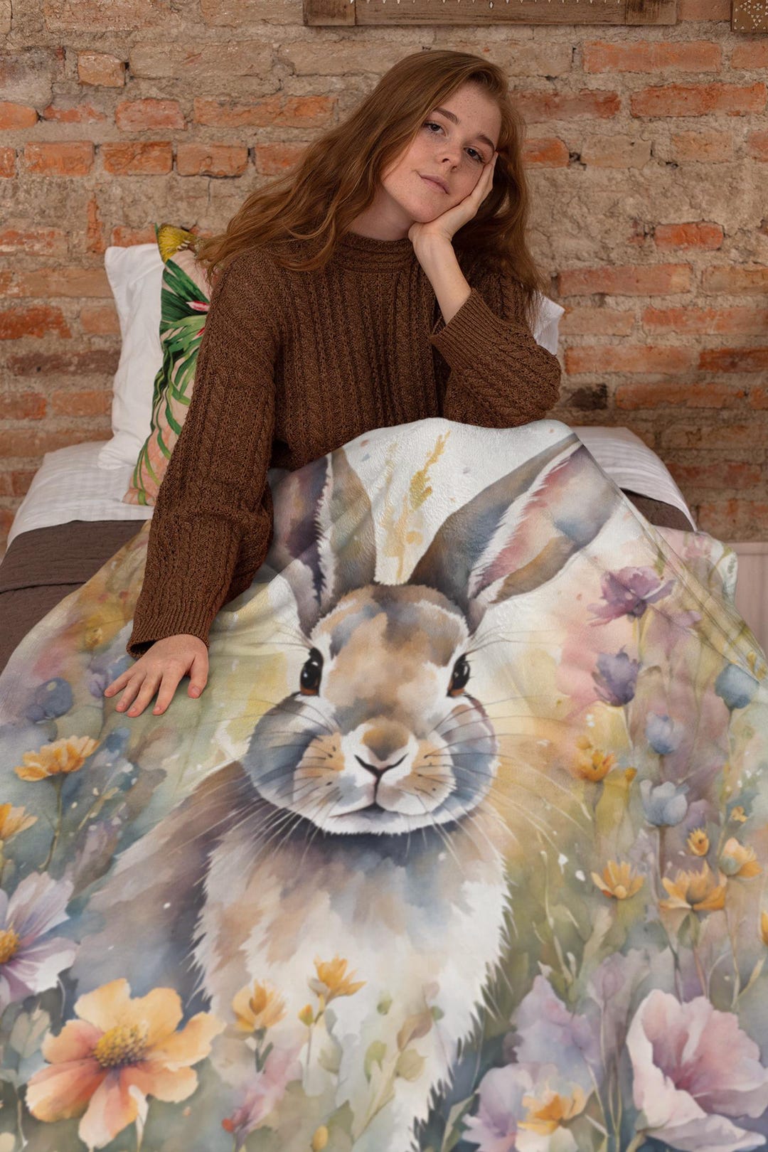 Bunny Easter Design Velveteen Plush Blanket, Flower Pattern, Cozy ...
