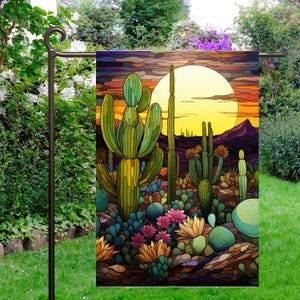 Desert Sunset Garden Flag, Stained-Glass Banner, Southwest Cactus, Southwestern Decor, Boho Home Decor, Housewarming Gift, Nature Lovers