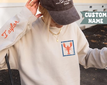 Custom Name Embroidered Sweatshirt, Lobster Stamp, Personalized Sleeve Text, Trendy Crewneck