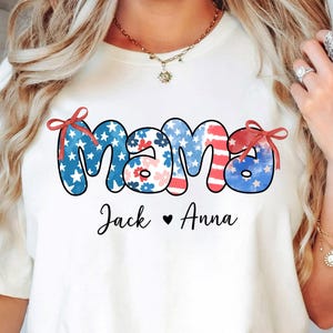 Personalized American Mama with Kids Name Shirt, Custom 4th of July Shirt, Customized USA Mom Tshirt, Patriotic Mom Fourth Of July Tee Shirt
