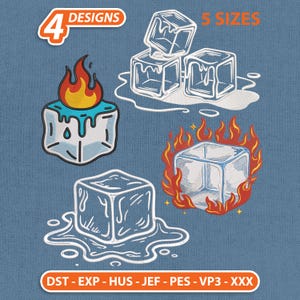 Puede incluir: Imagen con cuatro diseños de cubitos de hielo en diferentes estados: derritiéndose, en llamas y con fuego. También incluye el texto "4 DESIGNS" y "5 SIZES" en naranja. En la parte inferior, se muestran abreviaturas de formatos de archivo.