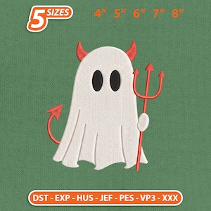 May include: An embroidery design of a white ghost with black oval eyes, red horns, a red tail, and a red trident. The text 5 SIZES 4" 5" 6" 7" 8" appears at the top, and DST - EXP - HUS - JEF - PES - VP3 - XXX is printed at the bottom.