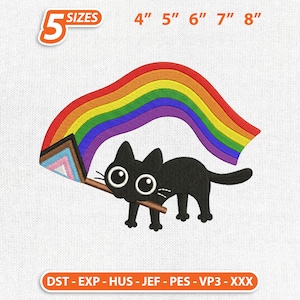 May include: An embroidered design of a black cat holding a rainbow and a flag with various colors. The design is available in 5 sizes, ranging from 10 to 20 cm. The design is suitable for embroidery machines.