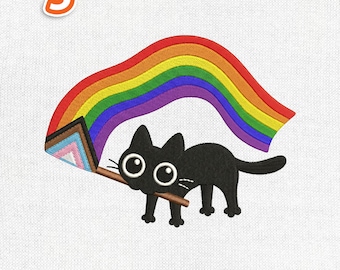 Pride Black Cat Embroidery Design, Rainbow Flag LGBTQ Month Purride Machine Embroidery File