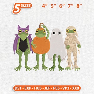 Puede incluir: Un diseño de bordado con cuatro ranas verdes en disfraces de Halloween: murciélago, calabaza, fantasma y momia. El texto 5 SIZES 4" 5" 6" 7" 8" aparece arriba y DST - EXP - HUS - JEF - PES - VP3 - XXX se encuentra en la parte inferior.