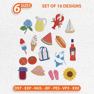 May include: A set of 16 embroidered summer-themed designs, featuring a sailboat, ice cream cone, watermelon slice, and a bottle of Aperol. The designs are in various colours and include the text "SET OF 16 DESIGNS" and "6 SIZES".