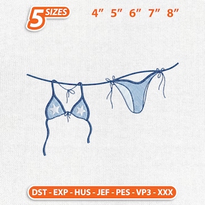 May include: A light blue bikini with white star accents, hanging on a clothesline. The image includes text indicating five sizes, ranging from 4 to 8 inches. The design is an embroidery file, as indicated by the text at the bottom.