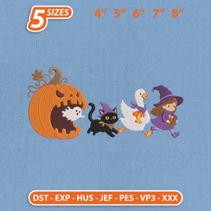 May include: An embroidery design featuring a carved orange pumpkin with a white ghost inside, a black cat in a purple hat, a white goose with a purple scarf holding a small pumpkin, and a child in a purple witch costume holding a candy basket. Text reads 5 SIZES 4" 5" 6" 7" 8" and DST - EXP - HUS - JEF - PES - VP3 - XXX.