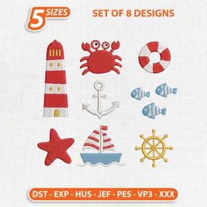 Peut inclure: Ensemble de huit motifs sur le thème nautique, comprenant un phare rayé rouge et blanc, un crabe, une bouée de sauvetage, des poissons, une ancre, une étoile de mer, un voilier et un gouvernail. L'image affiche également "5 TAILLES" et "ENSEMBLE DE 8 MOTIFS".