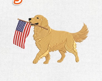4th of July Dog American Flag Embroidery Design, Patriotic Golden Retriever  Machine Embroidery File