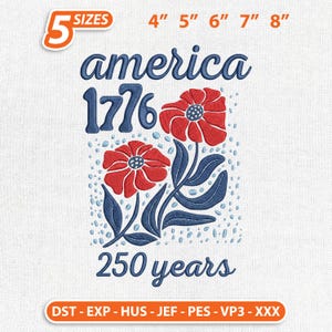 アメリカ1776花柄刺繍デザイン、USA250周年記念ボヘミアンフラワー繊細なミシン刺繍ファイル