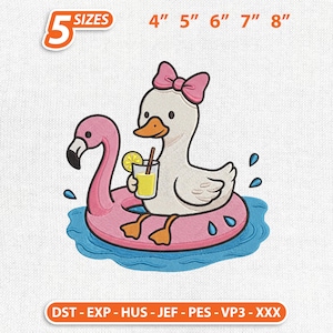 May include: An embroidered design featuring a cartoon duck wearing a pink bow and holding a drink with a lemon slice, floating on a pink flamingo pool float. The design is surrounded by blue water droplets. Sizes available: 4", 5", 6", 7", and 8".