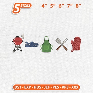 Könnte beinhalten: Ein Stickmuster mit einem roten Holzkohlegrill, einem blauen Clog, einer grünen Schürze, einem Pfannenwender mit Gabel und einem roten Ofenhandschuh. Der Text umfasst 5 SIZES 4" 5" 6" 7" 8" sowie die Formate DST, EXP, HUS, JEF, PES, VP3, XXX.