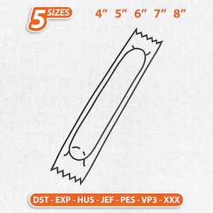 Puede incluir: Un dibujo lineal negro de un objeto largo y rectangular con un centro redondeado y bordes dentados. La imagen incluye texto que indica cinco tamaños: 10 cm, 13 cm, 15 cm, 18 cm y 20 cm. El texto adicional en la parte inferior dice "DST - EXP - HUS - JEF - PES - VP3 - XXX".