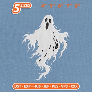 Puede incluir: Un diseño de bordado de un fantasma blanco con ojos y boca negros, con bordes deshilachados. El texto 5 SIZES 4" 5" 6" 7" 8" aparece en la parte superior, y el texto DST - EXP - HUS - JEF - PES - VP3 - XXX en la inferior.