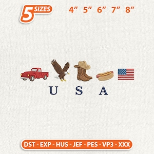 Peut inclure: Motifs brodés avec un pick-up rouge, un aigle, des bottes et un chapeau de cow-boy, un hot-dog et le drapeau américain. Le mot "USA" est épelé sous les images. Disponible en 5 tailles, de 10,16 à 20,32 cm.
