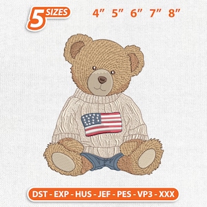 May include: A brown teddy bear wearing a cream-colored sweater with an American flag design. The bear is sitting with its legs crossed. The image includes text indicating 5 sizes available: 4", 5", 6", 7", and 8".