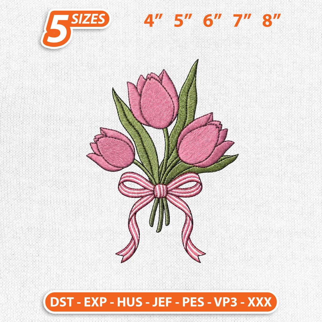 Pink Tulip Flower Embroidery Design, Mini Tulip Bouquet Machine Stitch ...