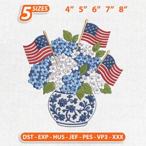 May include: An embroidered design featuring a blue and white floral arrangement in a decorative vase, with three American flags. The design includes the text "5 SIZES" and size measurements from 4" to 8".