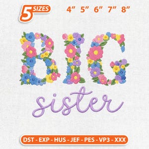 May include: An embroidered design featuring the words "BIG sister" in a floral style. The letters are filled with colorful flowers in shades of pink, blue, yellow, and purple. The design is available in 5 sizes, ranging from 4 to 8 inches.