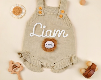 Custom Hand-Embroidered Knit Baby Romper, Lion Detail, Newborn Outfit