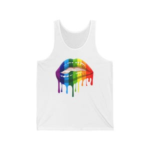 Rainbow Drip Lips Unisex Jersey Tank Top, LGBTQ Pride Apparel, Summer Fashion, Colorful Graphic Tee, Festival Outfit
