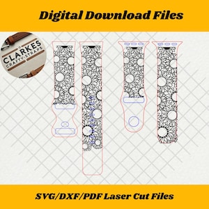 May include: Digital download files for a laser cut watch band with a sunflower pattern. The files are in SVG, DXF, and PDF formats.