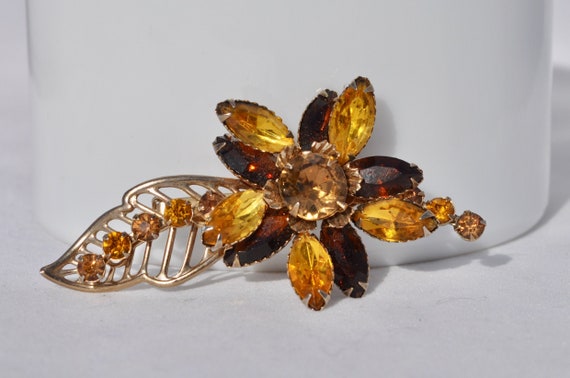 Vintage rhinestone autumn flower and leaf, vintag… - image 1