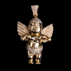 Iced Out Diamond Angel Pendant: 10k Yellow Gold Cherub Charm