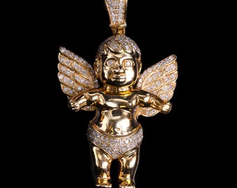 Iced Out Diamond Angel Pendant: 10k Yellow Gold Cherub Charm, Halloween Gift