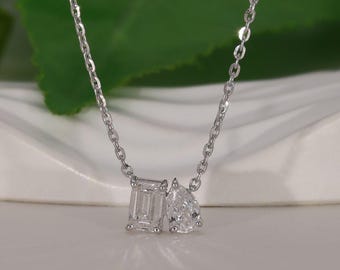 14k White Gold Toi et Moi Lab Grown Diamond Necklace, Pear & Emerald Cut