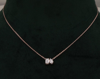 name14K Rose Gold Toi et Moi Diamond Necklace: Pear & Emerald Cut, Lab Grown