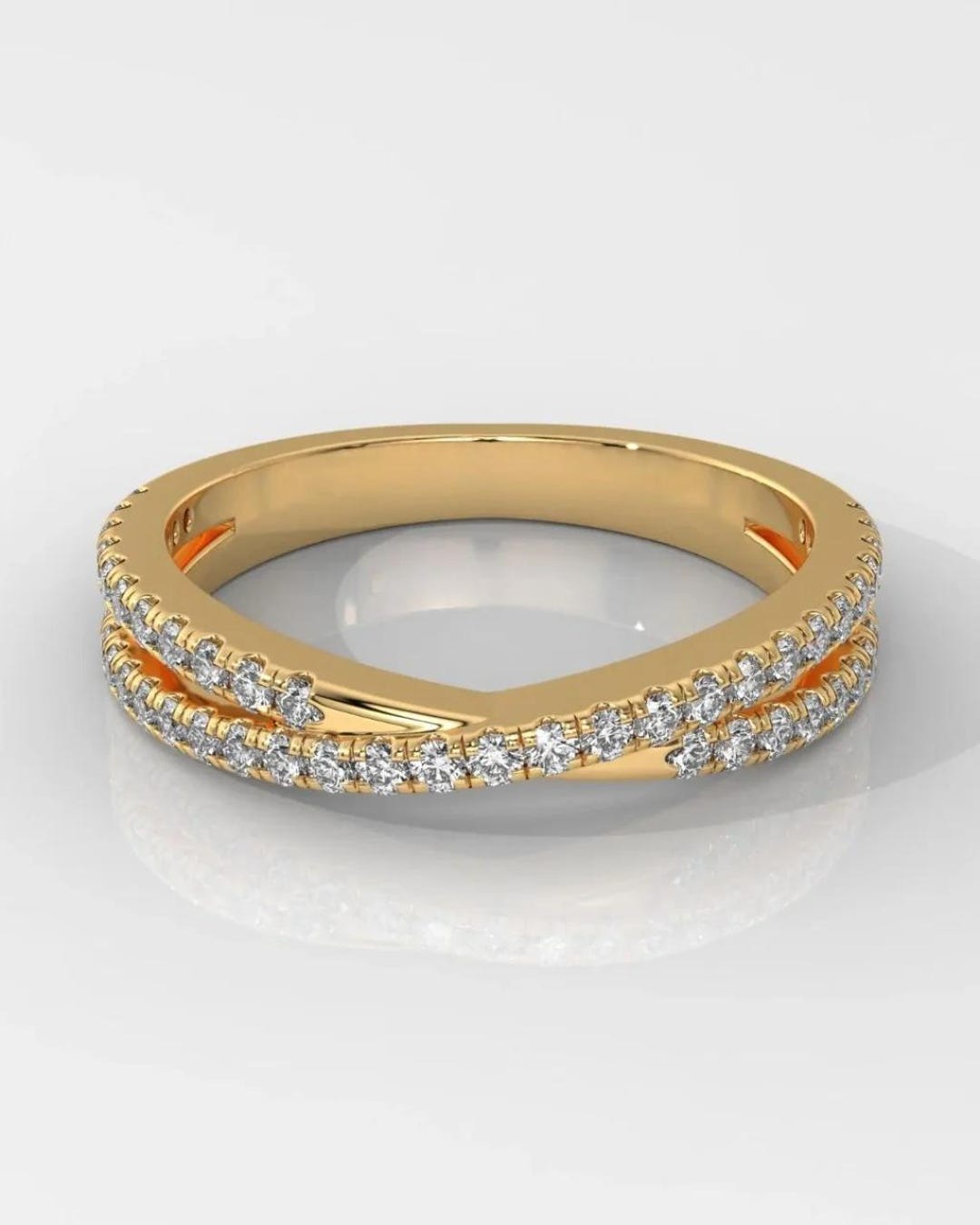 14k Gold Crossover Wedding Band, Double Row Lab-grown Diamond Eternity ...