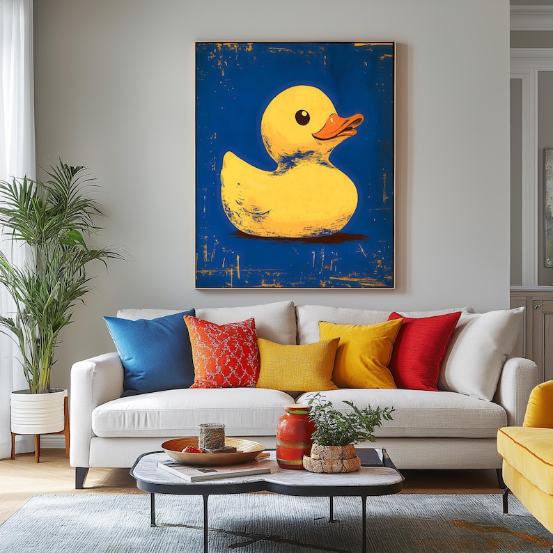 Retro Pop Art Rubber Duckie Print – Yellow Duck on Bold Blue Background ...