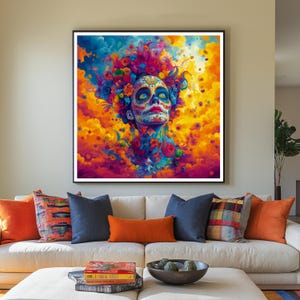 Bunter Day of the Dead Art Print Sugar Skull Modernes Portrait – weißes Gesicht mit Magenta und Blau Fine Art Wanddruck auf Aquarellpapier