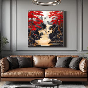 Cascade avec érables rouges sérénité - Impression d'art ukiyo-e pour des espaces intérieurs élégants