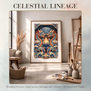 Può includere: Opera d'arte incorniciata con due draghi ornati che si fronteggiano, con una luna piena e stelle sullo sfondo. I draghi sono principalmente arancioni e blu, con dettagli intricati. Il testo "CELESTIAL LINEAGE" è in alto.