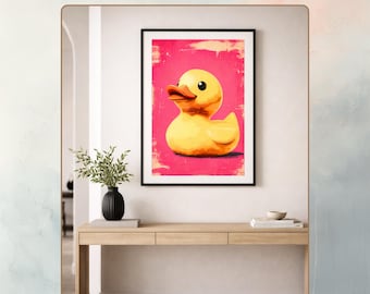 Rubber Duck Pop Art Print | Pink Bathroom Wall Decor | Funky Retro Rubber Duckie Poster | Vibrant Kids Room Art