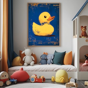 Retro Pop Art Rubber Duckie Print – Yellow Duck on Bold Blue Background
