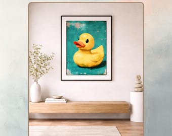 Rubber Duck Pop Art Print | Teal Bathroom Wall Decor | Funky Retro Rubber Duckie Poster | Vibrant Kids Room Art