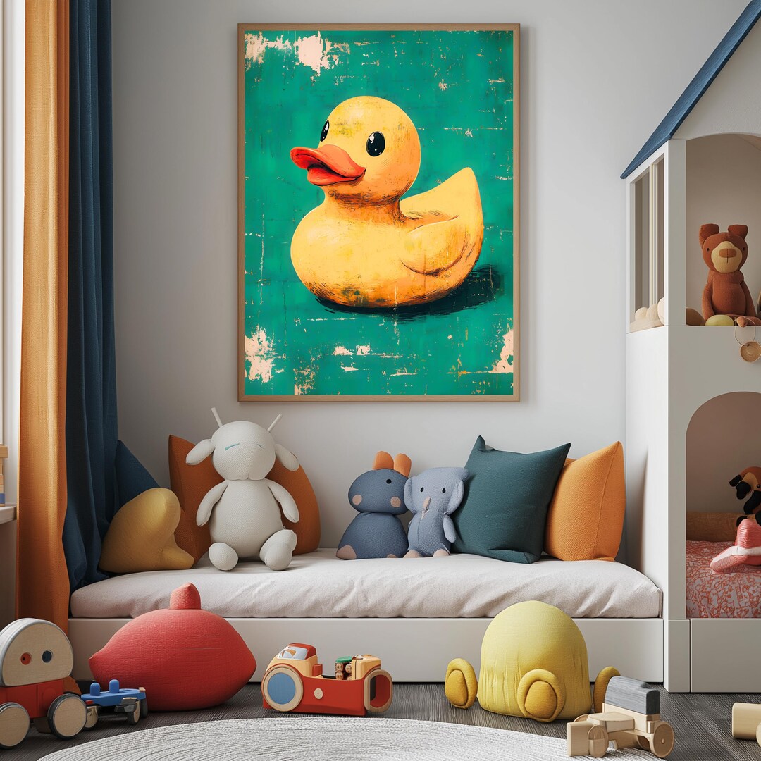 Retro Pop Art Rubber Duck Print - Vibrant Yellow Duck on Teal ...