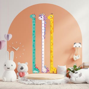 Pegatinas de pared con gráfico de altura para niños: jirafa, unicornio y dinosaurio | ¡Hasta 180cm!