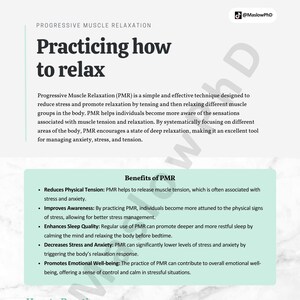 Könnte beinhalten: Eine grün-weiße Infografik mit dem Titel "Practicing how to relax" und dem Text "Progressive Muskelentspannung (PMR) ist eine einfache und effektive Technik, die entwickelt wurde, um Stress abzubauen und Entspannung zu fördern, indem man verschiedene Muskelgruppen im Körper anspannt und dann entspannt." Die Infografik enthält auch eine Liste der Vorteile von PMR und Anweisungen, wie man PMR praktiziert. Ein QR-Code befindet sich in der unteren rechten Ecke der Infografik.