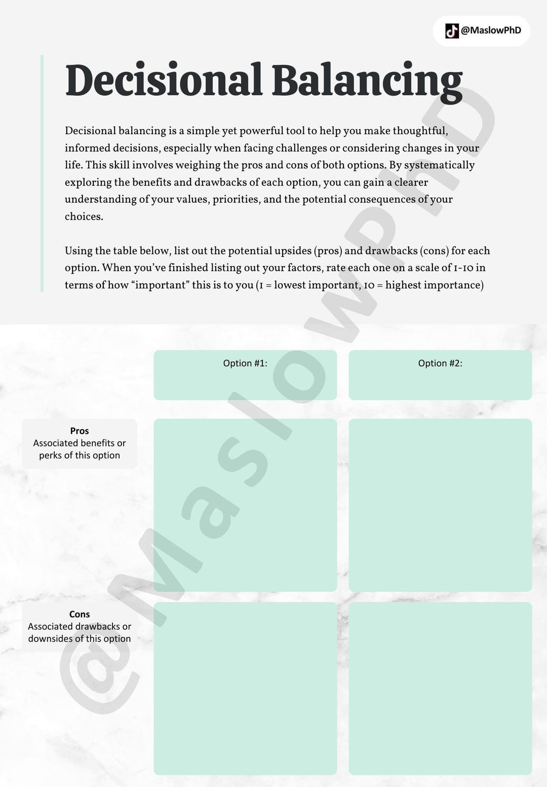 Decisional Balance Worksheet Etsy
